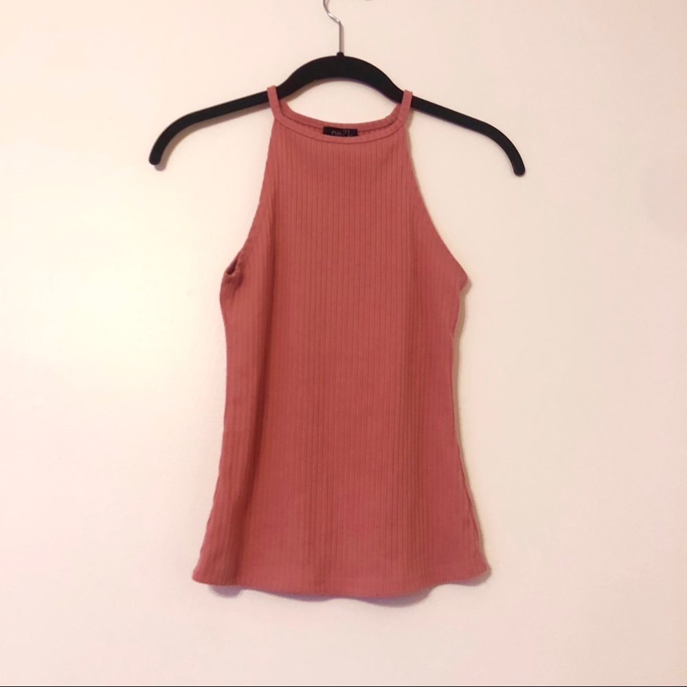 Pink Ribbed High Neck Tank Top Basic